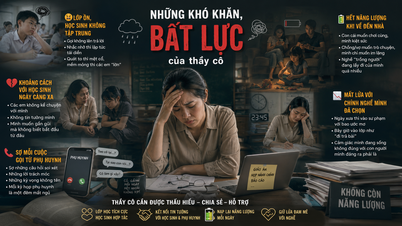 Những khó khăn, bất lực của thầy cô: lớp ồn, khoảng cách với học sinh, sợ họp phụ huynh, hết năng lượng, mất lửa nghề